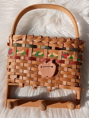 Apple Wall Hanging Basket Pegs Vintage Kitchen Decor Rustic Country Farmhouse